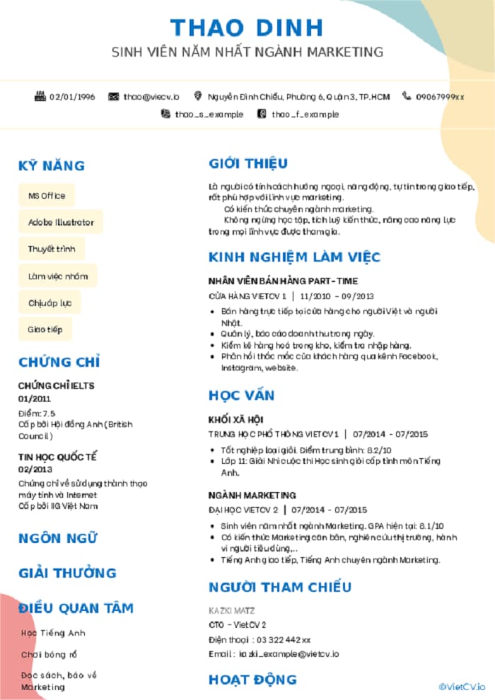 Mẫu cv xin việc part time cho sinh viên đơn giản, mẫu cv xin việc part time