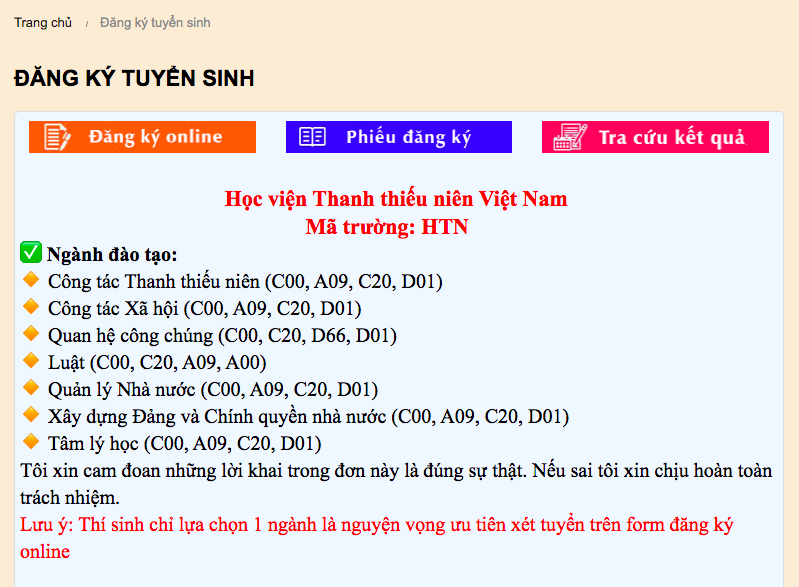 Hướng dẫn thí sinh đăng ký online học viện thanh thiếu niên, học viện thanh thiếu niên việt nam